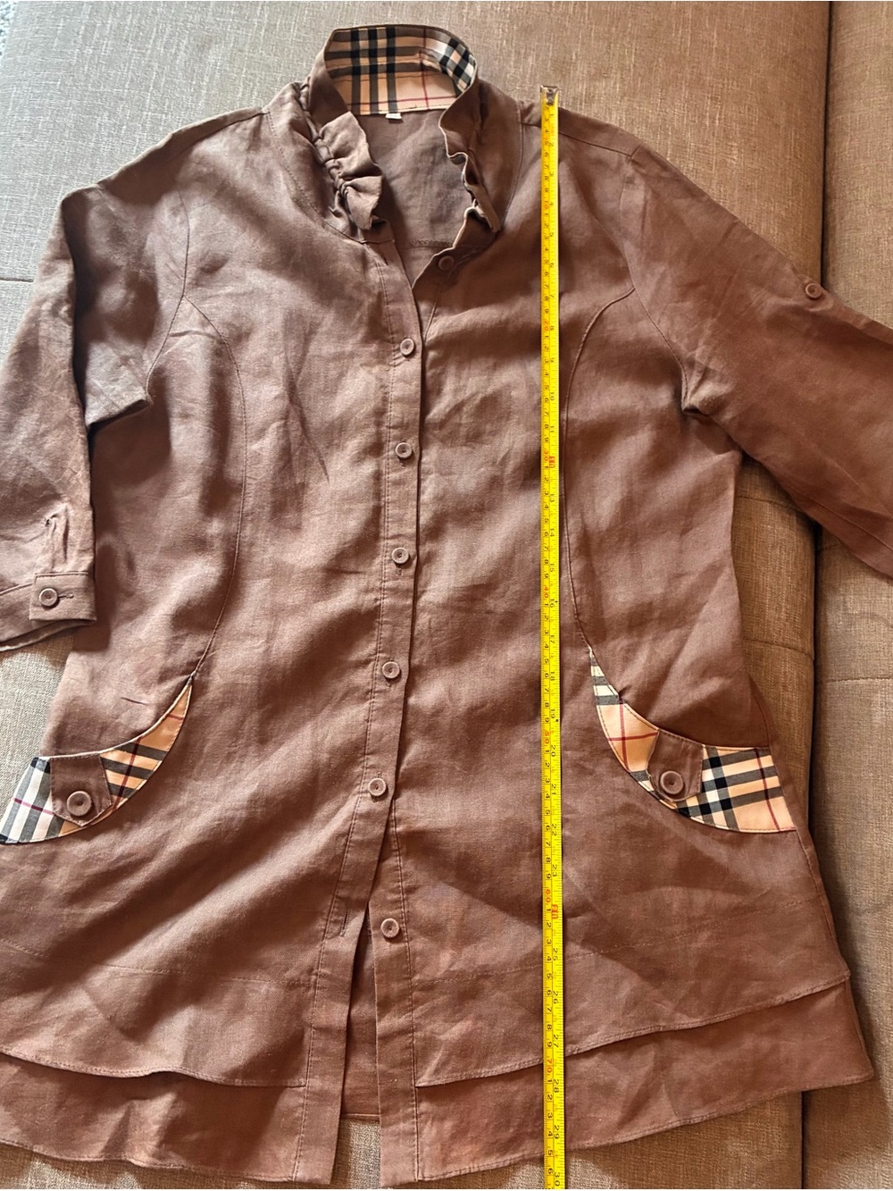 Brown Button-Front Linen Tunic with Plaid Pocket Accents $20 each